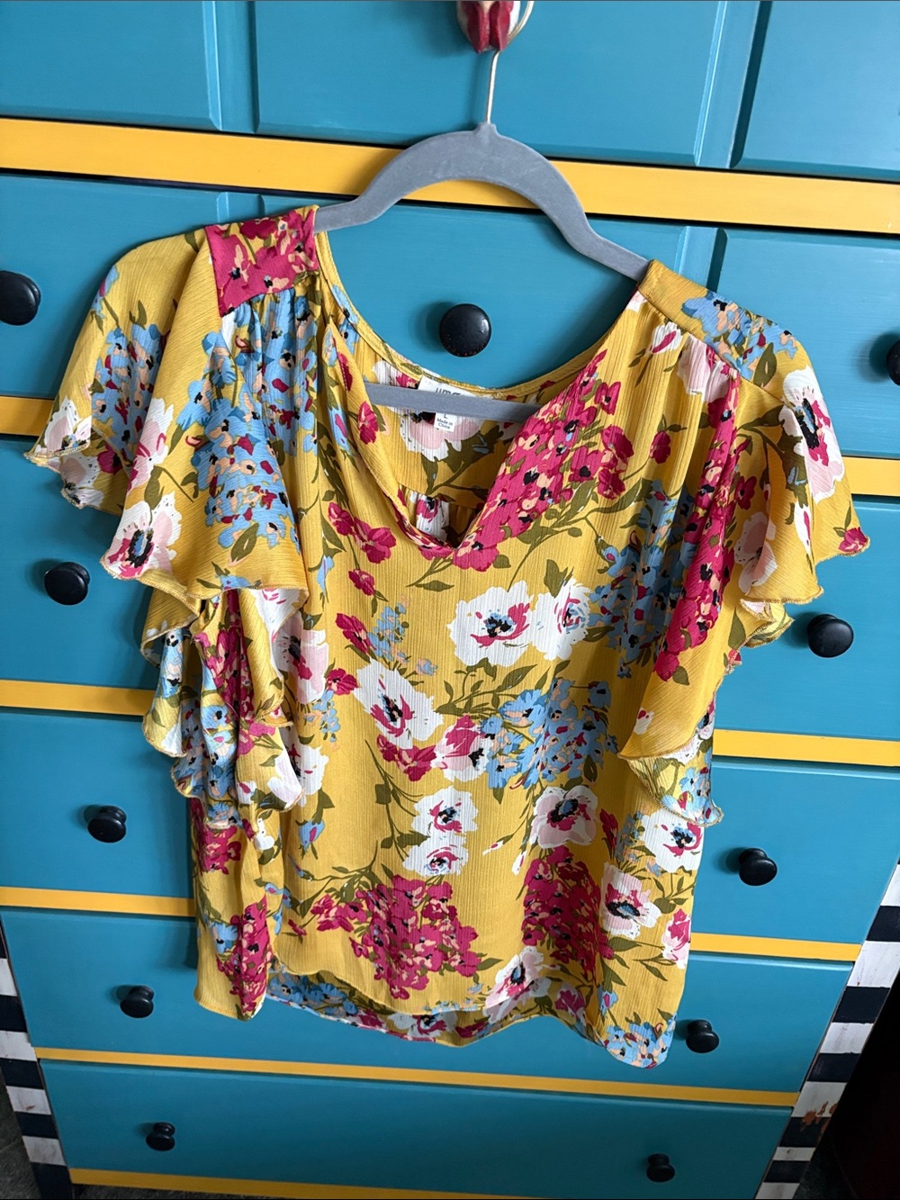 Umgee Large Yellow Floral Women's BOHO Sleeves Top Shirt Blouse Miss Size L